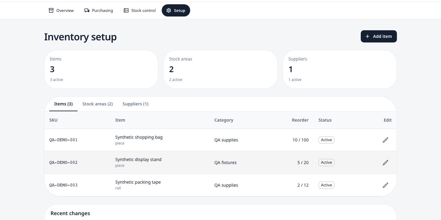 Inventory items, stock areas, suppliers and reorder settings in Joony Retail
