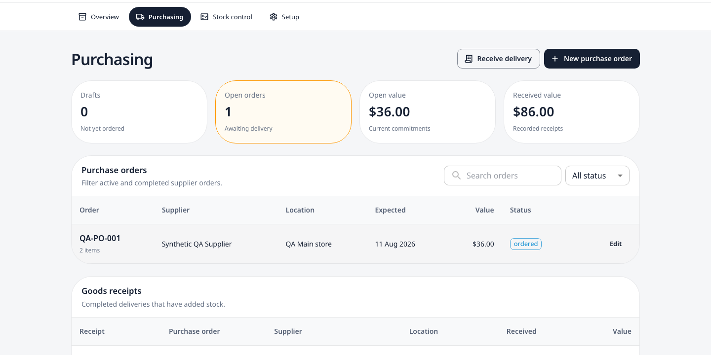 Joony Retail purchasing screen with a fictional supplier and purchase order